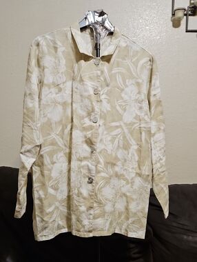 100% Linen Beige Floral Button-Front Women's Shirt